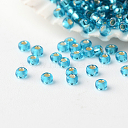 12/0 Grade A Round Glass Seed Beads, Silver Lined, Sky Blue, 2x1mm, Hole: 0.5mm, about 60000pcs/pound(SEED-A022-F13-51)