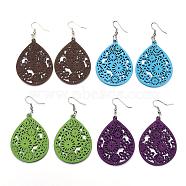 Trendy Teardrop Wood Dangle Earrings, with Platinum Tone Alloy Earring Hooks, Mixed Color, 69~72x38~40mm, pin: 0.8mm(EJEW-F062-H)