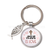 I Love Jesus Symbol Glass Pendant Keychain with Alloy Jesus Fish Charm, with Iron Findings, Half Round, Misty Rose, 6.2cm(KEYC-G058-01C)