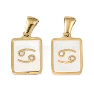 Constellations Natural White Shell Pendants, Ion Plating(IP) 304 Stainless Steel Rectangle Charms, Real 18K Gold Plated, Cancer, 16x10.5x1.5mm, Hole: 5x3mm(STAS-M338-01F-G)