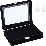 Wooden Presentation Boxes for Badge Storage and Display, cover by Velvet, with Glass Window and Hangers, Rectangle, Black, 20.3x16.3x4.8cm(CON-WH0086-13)