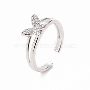 Clear Cubic Zirconia Butterfly Open Cuff Ring, Brass Jewelry for Women, Platinum, Inner Diameter: 17mm(RJEW-B028-02P)