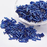 Glass Bugle Beads, Silver Lined, Royal Blue, 9x2mm, Hole: 0.5mm, about 7000pcs/bag(SEED-E001-9mm-28)