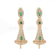 Brass Micro Pave Clear Cubic Zirconia Stud Earring Findings, for Half Drilled Beads, Nickel Free, Flat Round with Cone, Real 18K Gold Plated, Green, 26x8mm, Pin: 0.6mm, Pin: 0.6mm, pin: 0.9mm(for half drilled beads)(KK-S364-039)