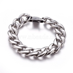 304 Stainless Steel Cuban Link Chain Bracelets, Stainless Steel Color, 8-7/8 inches(22.5cm), 15mm(BJEW-P253-B-P)