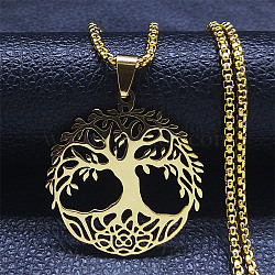 304 Stainless Steel Pendant Necklaces, Tree of Life, Golden, 23.54 inch(59.8cm)(NJEW-H015-03G)