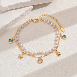 Fashionable Vintage Beach Style Adjustable Brass & Plastic Pearl Charm Double Strand Ladies Anklets, Real 18K Gold Plated, Star, 7-7/8 inch(200mm)(GJ2324-1)