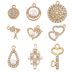 36Ps 9 Style Alloy Pendants, with Crystal Rhinestone and ABS Plastic Imitation Pearl, Lead Free & Cadmium Free, Lollipop & Heart & Teardrop &Teardrop, Light Gold, 15.5~24.5x11.5~16.5x2~8.5mm, Hole: 1.6~2.5mm, 4Pcs/style(ALRI-TA0001-21)