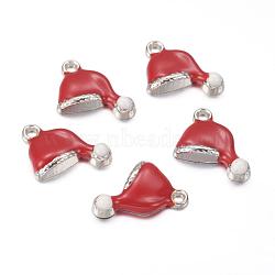 Brass Enamel Pendants, Cadmium Free & Nickel Free & Lead Free, Christmas Hat, Platinum Color, Red and White, Size: about 16.5mm long, 17mm wide, 3mm thick, hole: 1.5mm(KK-Q217-2-FF)