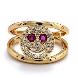 Brass Micro Pave Cubic Zirconia Cuff Rings, Open Rings, Smiling Face, Real 18K Gold Plated, Camellia, US Size 6, Inner Diameter: 17mm(RJEW-O044-05G-B)
