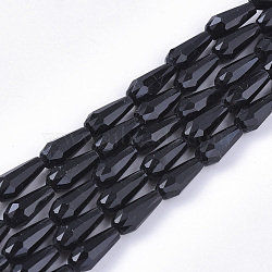 Opaque Solid Color Glass Beads Strands, Faceted, Teardrop, Black, 9.5x4mm, Hole: 1mm, about 72pcs/Strand, 27.09 inch(68.8cm)(GLAA-T009-002)