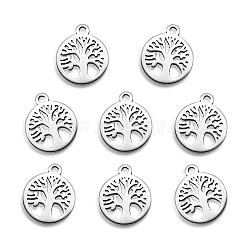 304 Stainless Steel Charms, Laser Cut, Flat Round with Tree, Stainless Steel Color, 12x10x1mm, Hole: 1.2mm(STAS-Q243-LM121-1)