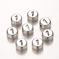 Flat Round Antique Silver Tone Alloy Number Beads, Num.1, 7x4mm, Hole: 1.2mm(PALLOY-K194-01AS)