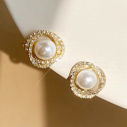 Alloy Rhinestone Earrings for Women, Imitation Pearl Beads Stud Earrings, with 925 Sterling Silver Pin, White, 10mm(WG80053-32)