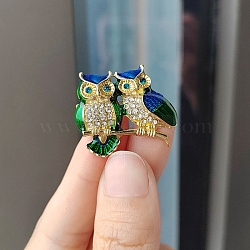 Owl Enamel Pins, Alloy Rhinestone Brooches for Backpack Clothes, Green, 28x30mm(PW-WG57419-01)