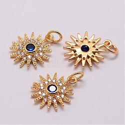 Brass Micro Pave Cubic Zirconia Charms, Flower, Lead Free & Nickel Free & Cadmium Free, Real 18K Gold Plated, 15x13x3mm, Hole: 3mm(ZIRC-K056-03G-NR)