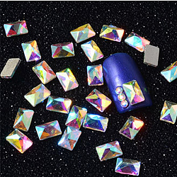 Glass Rhinestone Flat Back Cabochons, Nail Art Decoration Accessories, Faceted, Rectangle, Crystal AB, 6x4mm, about 10pcs/bag(MRMJ-T009-037-07)