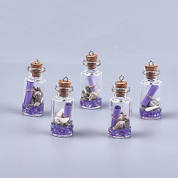 Glass Wishing Bottle Pendant Decorations, with Resin & Paper & Shell, with Cork Stopper and Iron Findings, Medium Purple, 40~42x16mm, Hole: 2mm(X-GLAA-S181-02A)