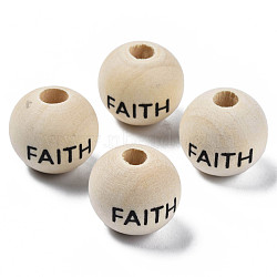 Printed Natural Wood European Beads, Undyed, Large Hole Beads, Round with Word FAITH, PapayaWhip, 16x14.5mm, Hole: 5.5mm(WOOD-T019-44)