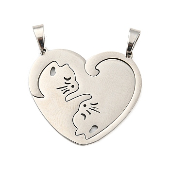 304 Stainless Steel Split Pendants, Couples Pendants, Cat Charm, Stainless Steel Color, 26x28.5x1mm, Hole: 6x3mm