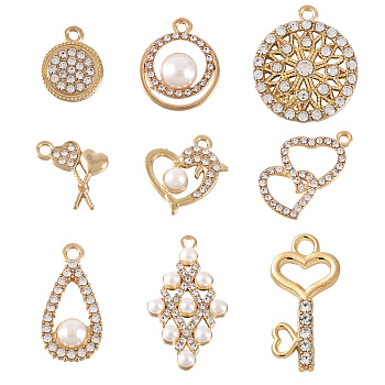 36Ps 9 Style Alloy Pendants, with Crystal Rhinestone and ABS Plastic Imitation Pearl, Lead Free & Cadmium Free, Lollipop & Heart & Teardrop &Teardrop, Light Gold, 15.5~24.5x11.5~16.5x2~8.5mm, Hole: 1.6~2.5mm, 4Pcs/style