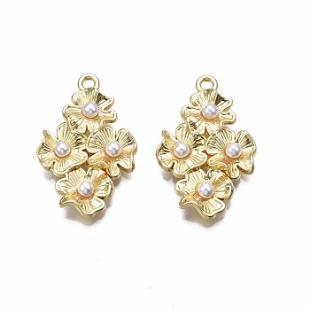 Alloy Pendants, with ABS Plastic Imitation Pearl Beads, Cadmium Free & Nickel Free & Lead Free, Flower, Light Gold, 30x18.5x4mm, Hole: 1.8mm