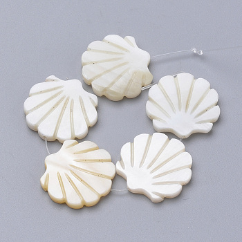 Natural Freshwater Shell Beads, Scallop Shape, Creamy White, 27~29x28~30x2.5~3mm, Hole: 1mm