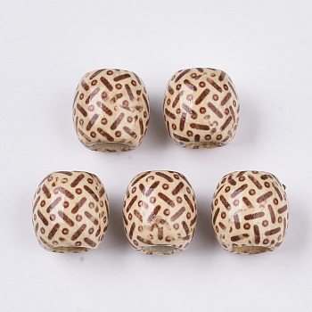 Printed Natural Wood Large Hole Beads, Barrel, Lead Free, Blanched Almond, 16x14.5~16.5mm, Hole: 7.5mm