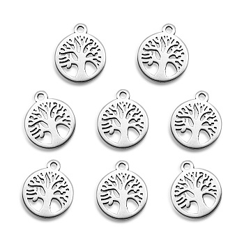 304 Stainless Steel Charms, Laser Cut, Flat Round with Tree, Stainless Steel Color, 12x10x1mm, Hole: 1.2mm