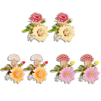 3 Pairs 3 Colors Enamel Flower with Mushroom Stud Earrings with Crystal Rhinestone, Light Gold Alloy Jewelry for Women, Mixed Color, 20.5x17mm, Pin: 0.6mm, 1 Pair/color