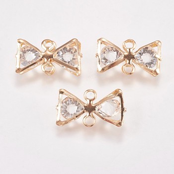 Iron Links connectors, with Glass Rhinestone, Bowknot, Crystal, Light Gold, 12.5x22.5x7mm, Hole: 2mm