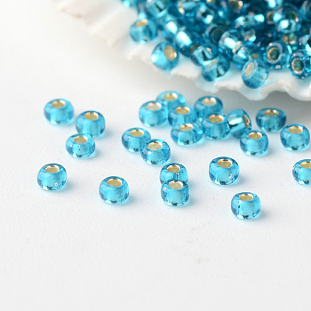 12/0 Grade A Round Glass Seed Beads, Silver Lined, Sky Blue, 2x1mm, Hole: 0.5mm, about 60000pcs/pound