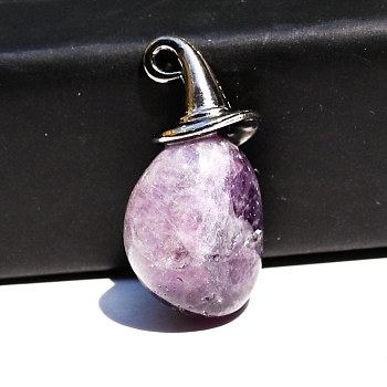 Natural Amethyst Pendants, Nuggets Charms with Metal Witch Hat, 40x10mm