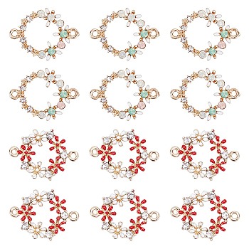 Brass Enamel Links, with Crystal Rhinestone, Fleur De Lis Flower Wreath, Colorful, Mixed Color, 18.5~22.5x13.5~16x2.5~3mm, Hole: 1.2~1.6mm, 12pcs/box