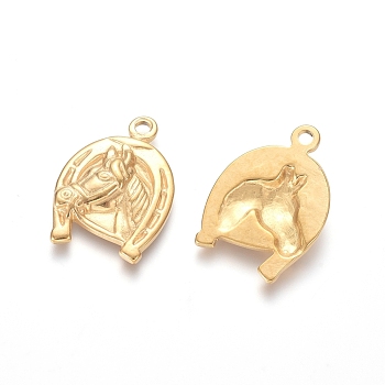 304 Stainless Steel Pendants, Horse with Horseshoes, Golden, 24.5x17x3mm, Hole: 2mm