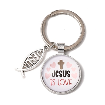 I Love Jesus Symbol Glass Pendant Keychain with Alloy Jesus Fish Charm, with Iron Findings, Half Round, Misty Rose, 6.2cm