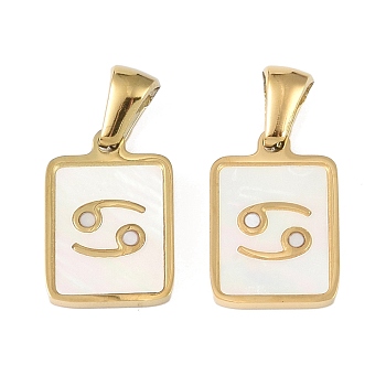 Constellations Natural White Shell Pendants, Ion Plating(IP) 304 Stainless Steel Rectangle Charms, Real 18K Gold Plated, Cancer, 16x10.5x1.5mm, Hole: 5x3mm