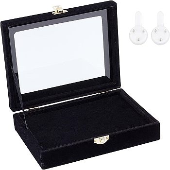 Wooden Presentation Boxes for Badge Storage and Display, cover by Velvet, with Glass Window and Hangers, Rectangle, Black, 20.3x16.3x4.8cm