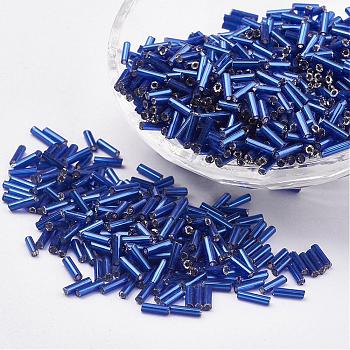 Glass Bugle Beads, Silver Lined, Royal Blue, 9x2mm, Hole: 0.5mm, about 7000pcs/bag
