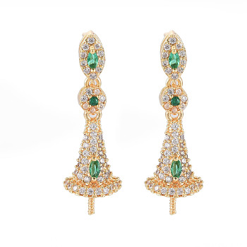 Brass Micro Pave Clear Cubic Zirconia Stud Earring Findings, for Half Drilled Beads, Nickel Free, Flat Round with Cone, Real 18K Gold Plated, Green, 26x8mm, Pin: 0.6mm, Pin: 0.6mm, pin: 0.9mm(for half drilled beads)