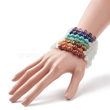 7 pièces 7 style naturel et synthétique mixte pierres précieuses et oeil de chat rond perlé ensemble de bracelets extensibles(BJEW-JB08925)-3