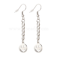 Curb Chains with Brass Charm Long Dangle Earrings, 304 Stainless Steel Jewelry for Women, Smiling Face Pattern, 58mm, Pin: 0.7mm, Pendant: 13x11x1mm(EJEW-JE04963-04)