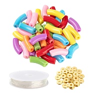 DIY Jewelry Making Kits, Including Curved Tube Opaque Acrylic Beads, Brass Spacer Beads, Elastic Crystal Thread, Mixed Color, Tube Beads: 42pcs/set(DIY-LS0003-83B)