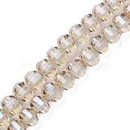 Electroplate Transparent Glass Beads Strands, Faceted, Round, Wheat, 10x8~9mm, Hole: 1.5mm, about 58~60pcs/strand, 19.69 inch(50cm)(EGLA-N002-31-F04)