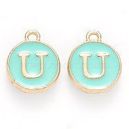 Golden Plated Alloy Enamel Charms, Cadmium Free & Lead Free, Enamelled Sequins, Flat Round with Letter, Turquoise, Letter.U, 14x12x2mm, Hole: 1.5mm(X-ENAM-S118-05U)