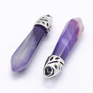 Dyed Bullet Natural Agate Pendants, with Platinum Tone Alloy Findings, 33~40x8~10mm, Hole: 3x2mm(X-G-E332-C20)