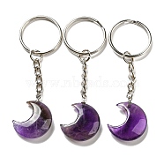 Reiki Natural Amethyst Moon Pendant Keychains, with Iron Keychain Rings, 7.8cm(KEYC-P015-01P-12)