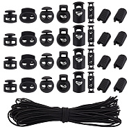 Elite 140Pcs 7 Styles Plastic Spring Cord Locks, with 20M Polyester Elastic Cords, Black, 3~27x3~23.5x3~18mm, Hole: 4~6x4~6.5mm(FIND-PH0018-25)