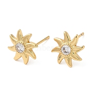 Rack Plating Brass Sun Studs Earrings with Cubic Zirconia, Lead Free & Cadmium Free, Real 18K Gold Plated, 10x10mm(EJEW-D061-29G)
