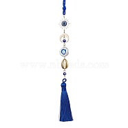 Sun/Moon Brass & Evil Rye Lampwork Pendant Decorations, Braided Nylon Thread Tassel Hanging Ornaments, Blue, 318mm(HJEW-JM01525)